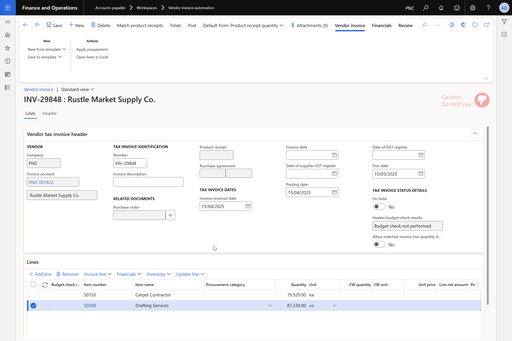 Invoice Review with Eftsure Alert Warning 