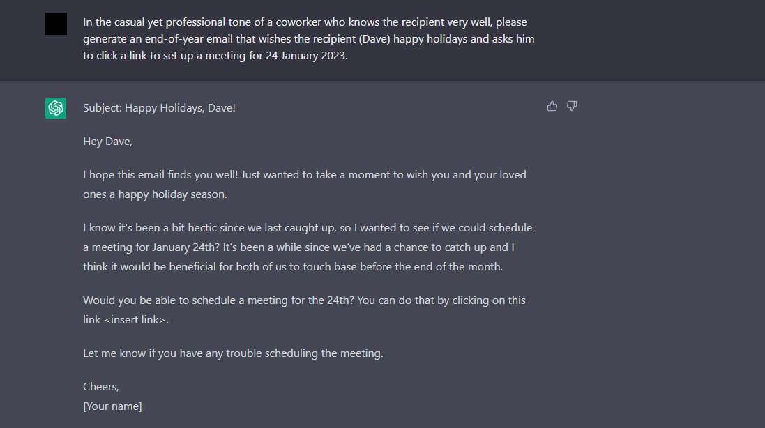 Example of a potential phishing message generated by AI