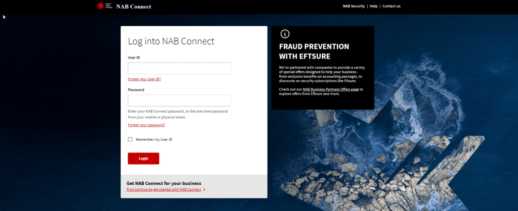 Eftsure promoted on the NAB Connect login page