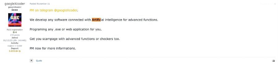 Cybercrime forum post